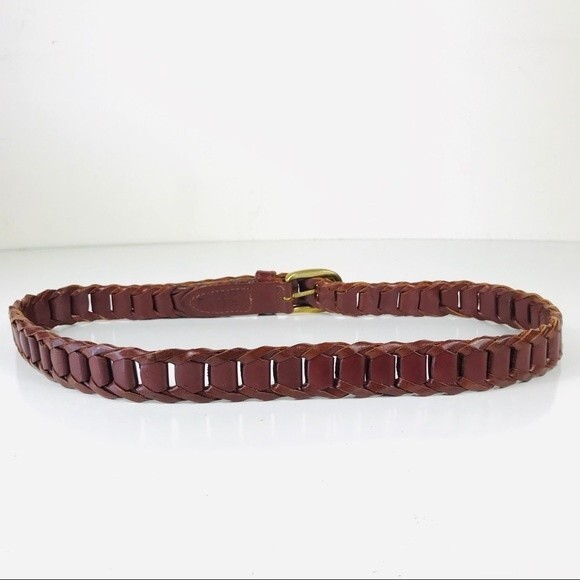 Vintage Genuine Leather Brown Woven Braided Belt Brass Buckle M L - Picture 5 of 10